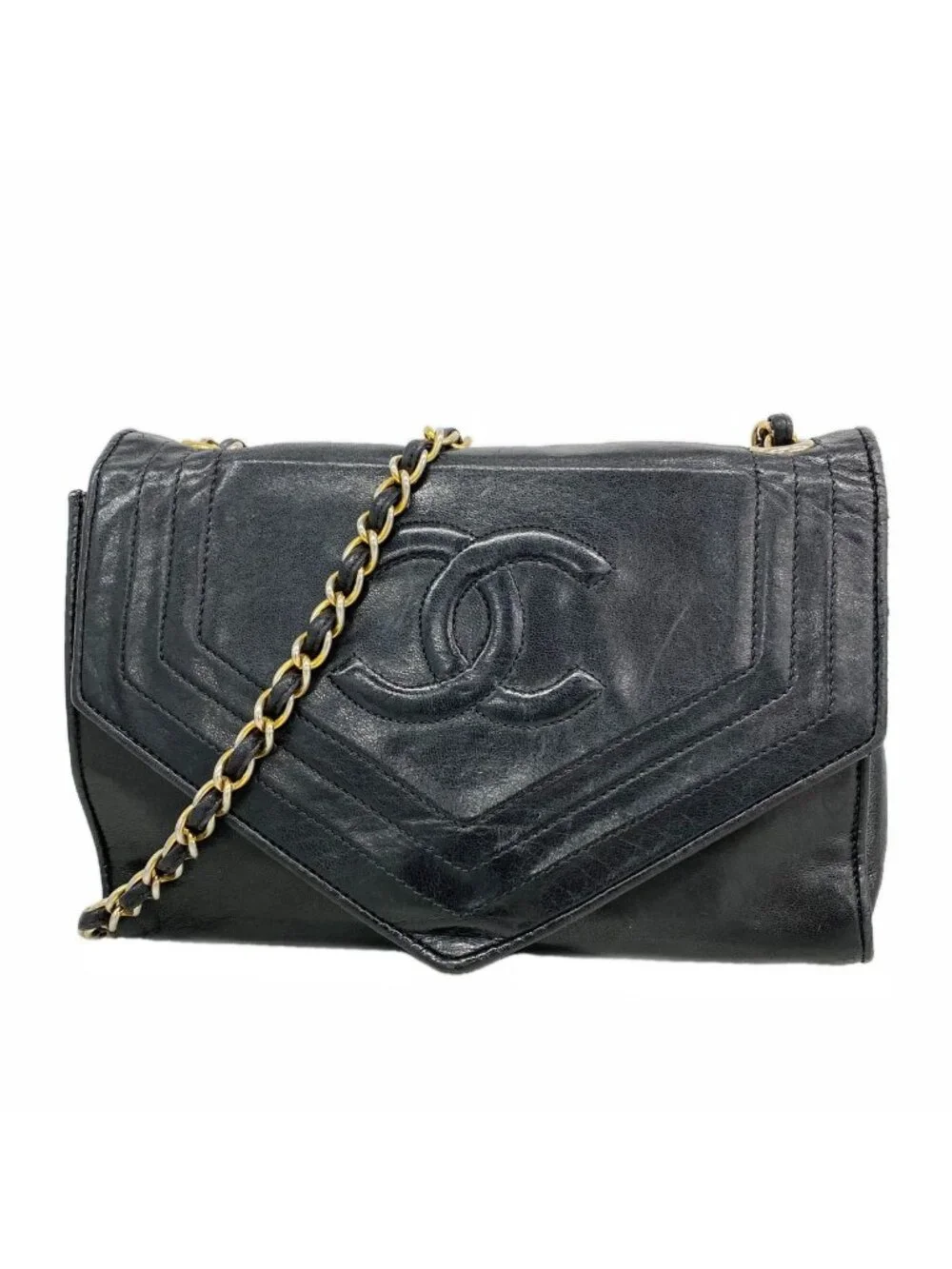 Chanel Shoulder Bag Lambskin Black Gold